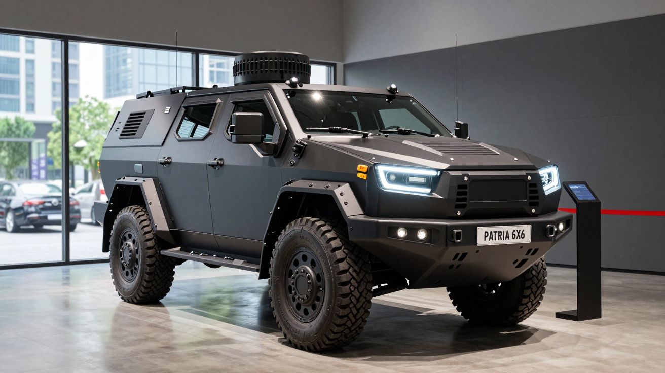Veículo militar blindado cinza escuro Patria 6x6 exposto em salão com janelas de vidro.