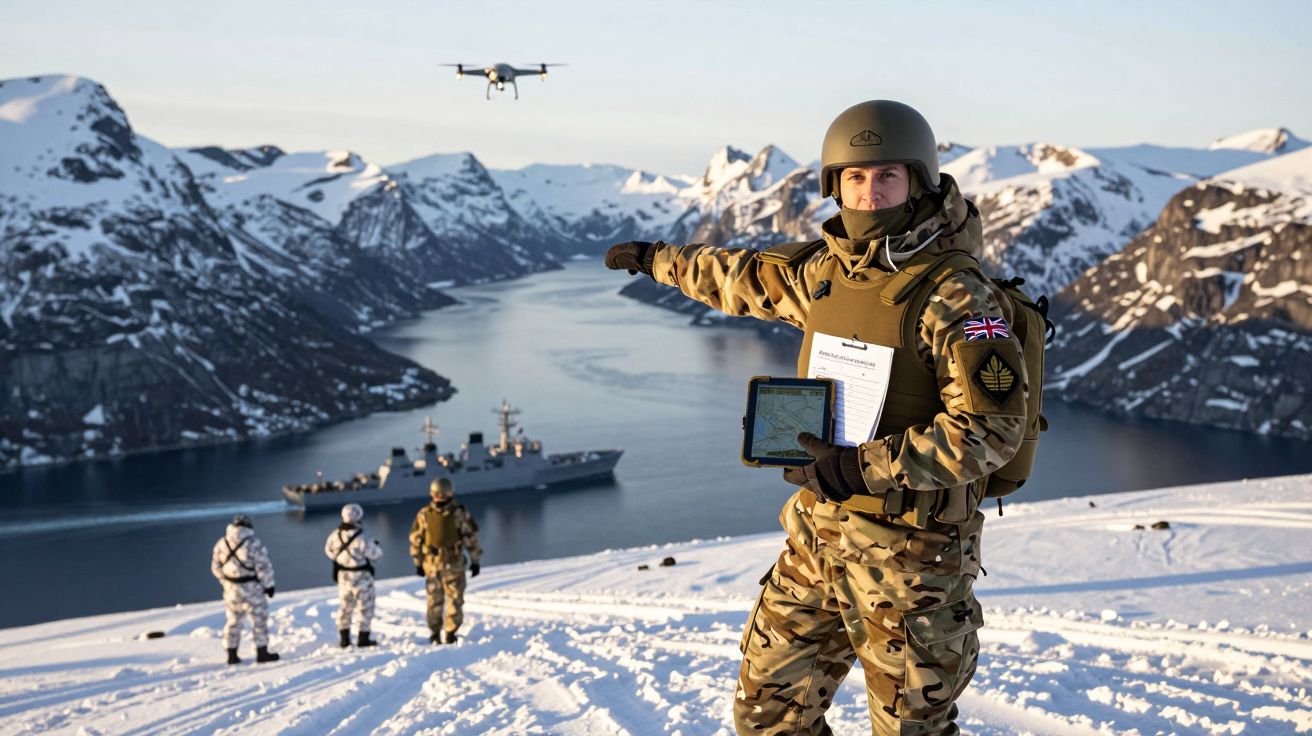 Soldado em uniforme camuflado em ambiente nevado aponta para drone, com navio e montanhas ao fundo.