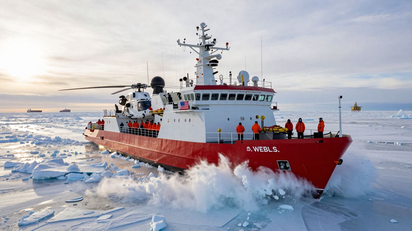 Navio de exploração a cortar gelo no mar gelado com pessoas de casacos vermelhos no convés.