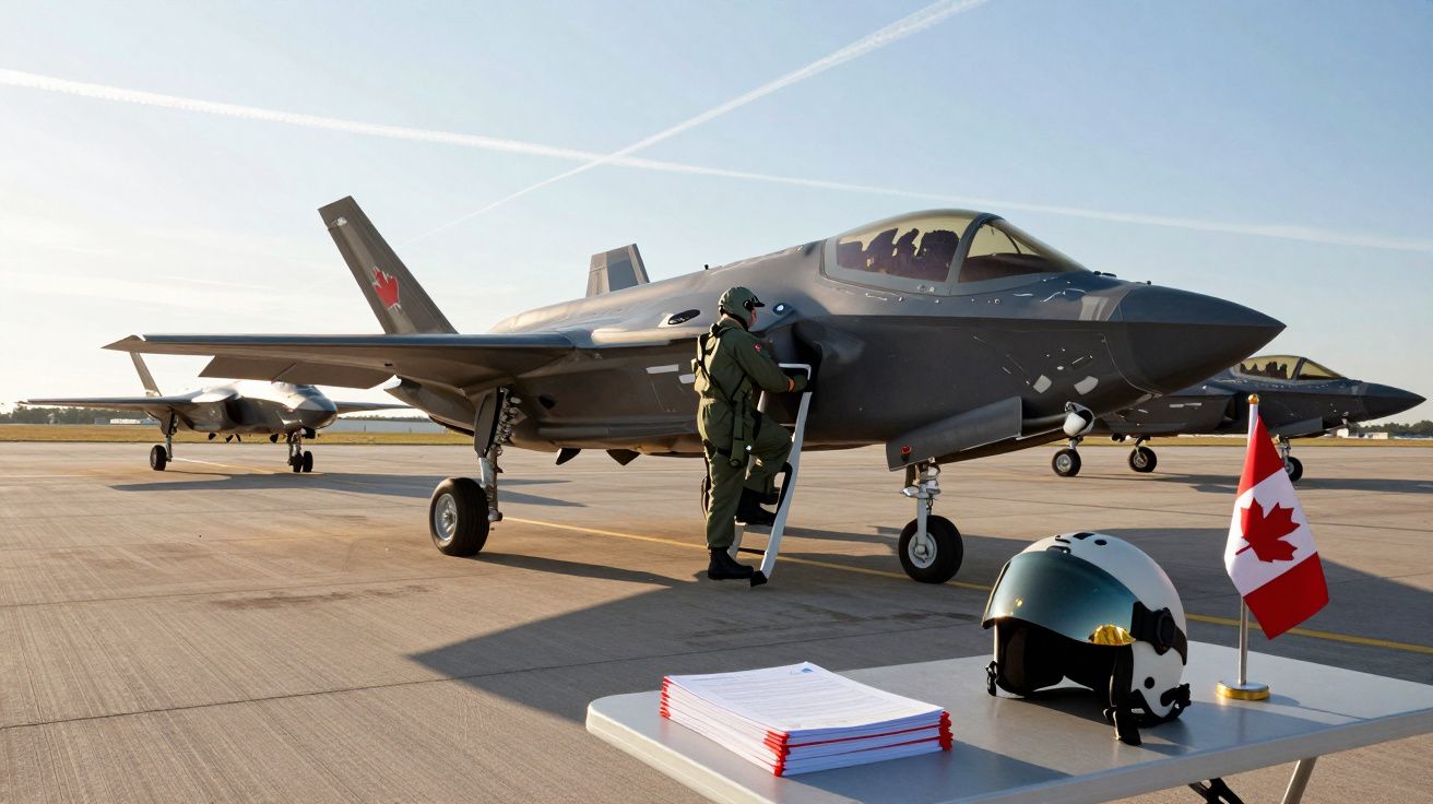 Aviões de combate estacionados na pista com piloto a entrar e bandeira do Canadá numa mesa próxima.