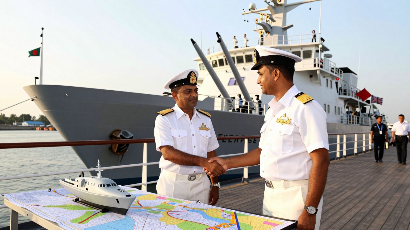 Dois oficiais navais apertam as mãos junto a maqueta de navio e cartas náuticas, com grande navio ao fundo.