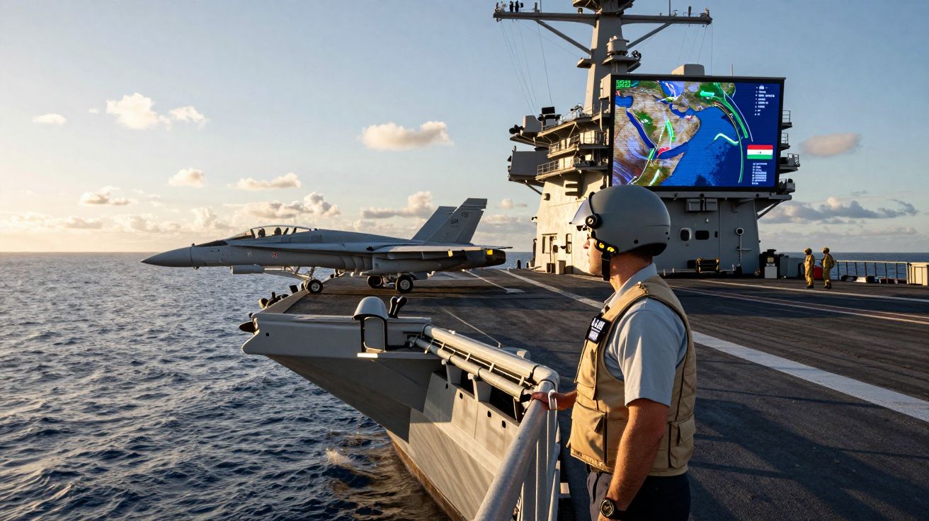 Homem com capacete observa caça F/A-18 prestes a descolar de porta-aviões no mar ao pôr do sol.