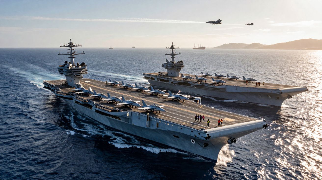 Dois porta-aviões na água com vários caças na pista e dois jatos em voo sobre o mar ao pôr do sol.