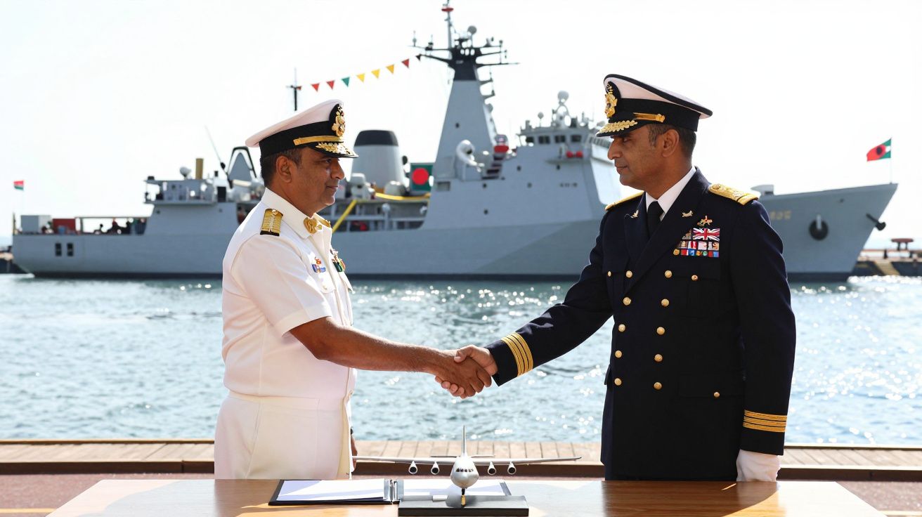 Dois oficiais navais cumprimentam-se com um aperto de mão junto ao mar, com um navio militar ao fundo.