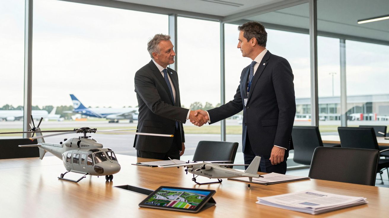 Dois homens de fato apertam as mãos numa sala de reuniões com modelos de helicóptero e avião na mesa.