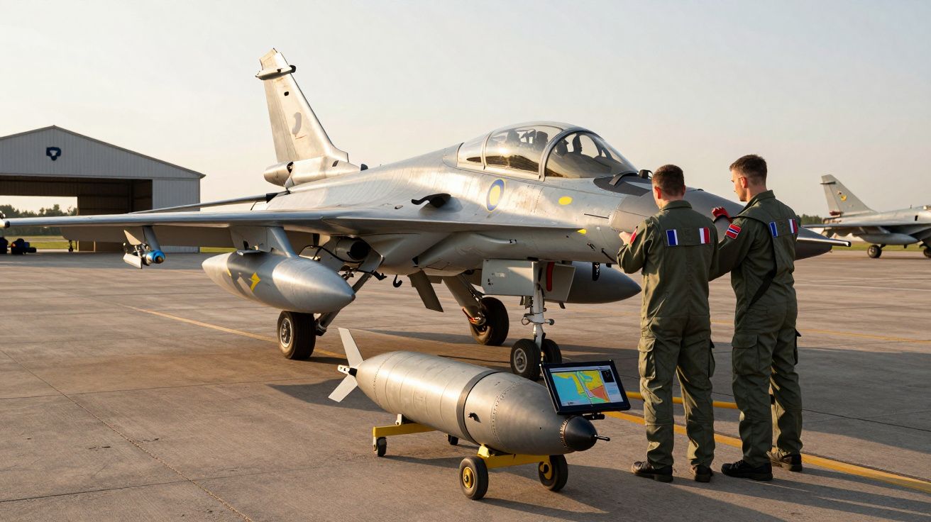 Dois pilotos militares junto a avião de caça e bomba guiada em pista de aeroporto ao entardecer.