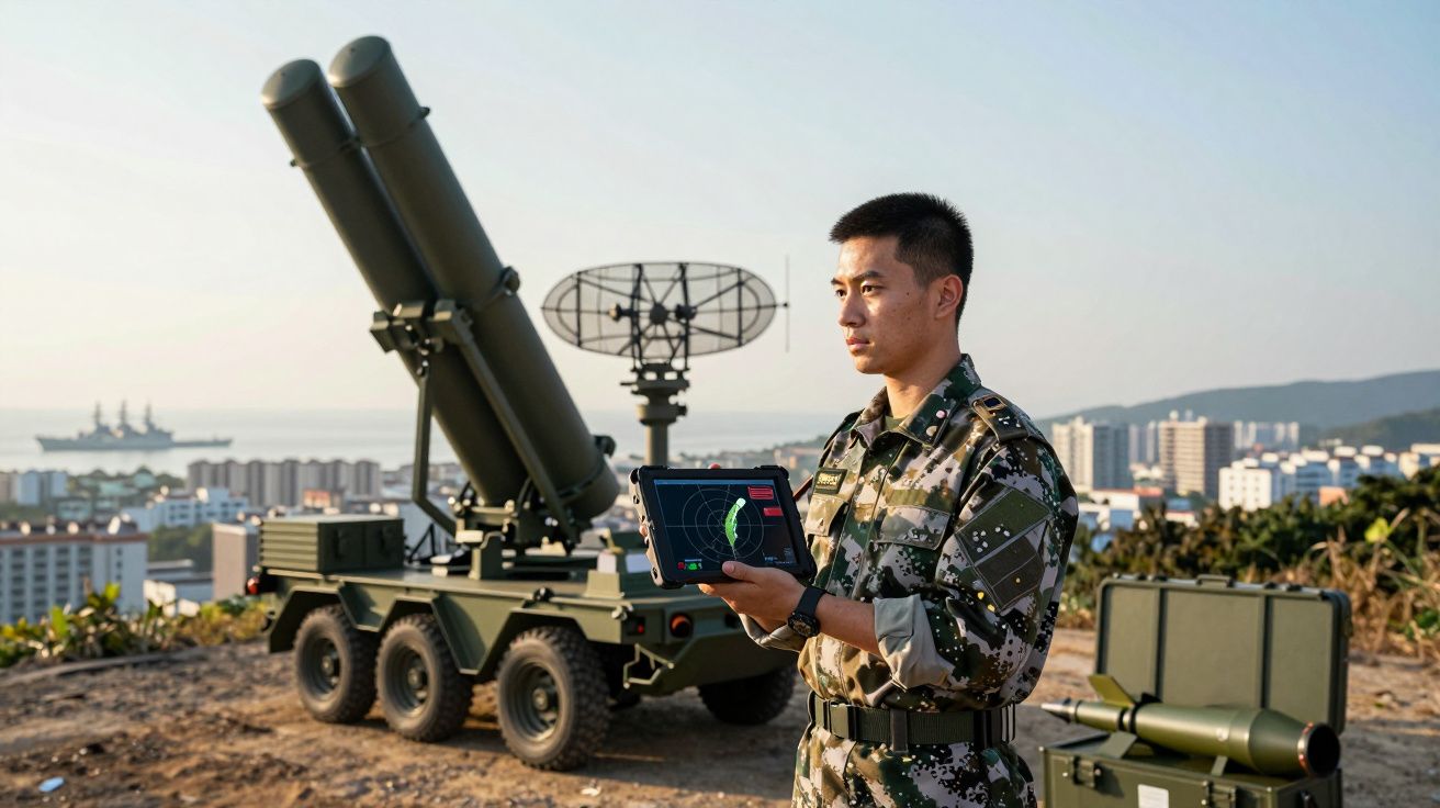 Soldado em uniforme camuflado utiliza tablet perto de equipamento militar de defesa com cidade ao fundo.