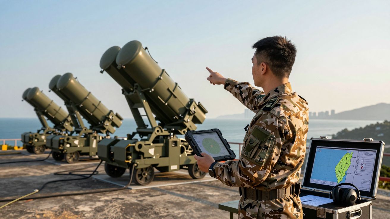 Soldado camuflado controla sistemas de defesa antimísseis perto do mar ao pôr do sol.