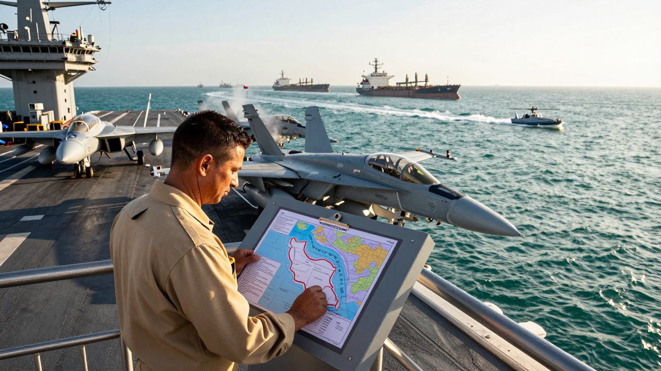 Homem militar com uniforme bege analisa mapa digital num porta-aviões com caças e navios ao fundo no mar.