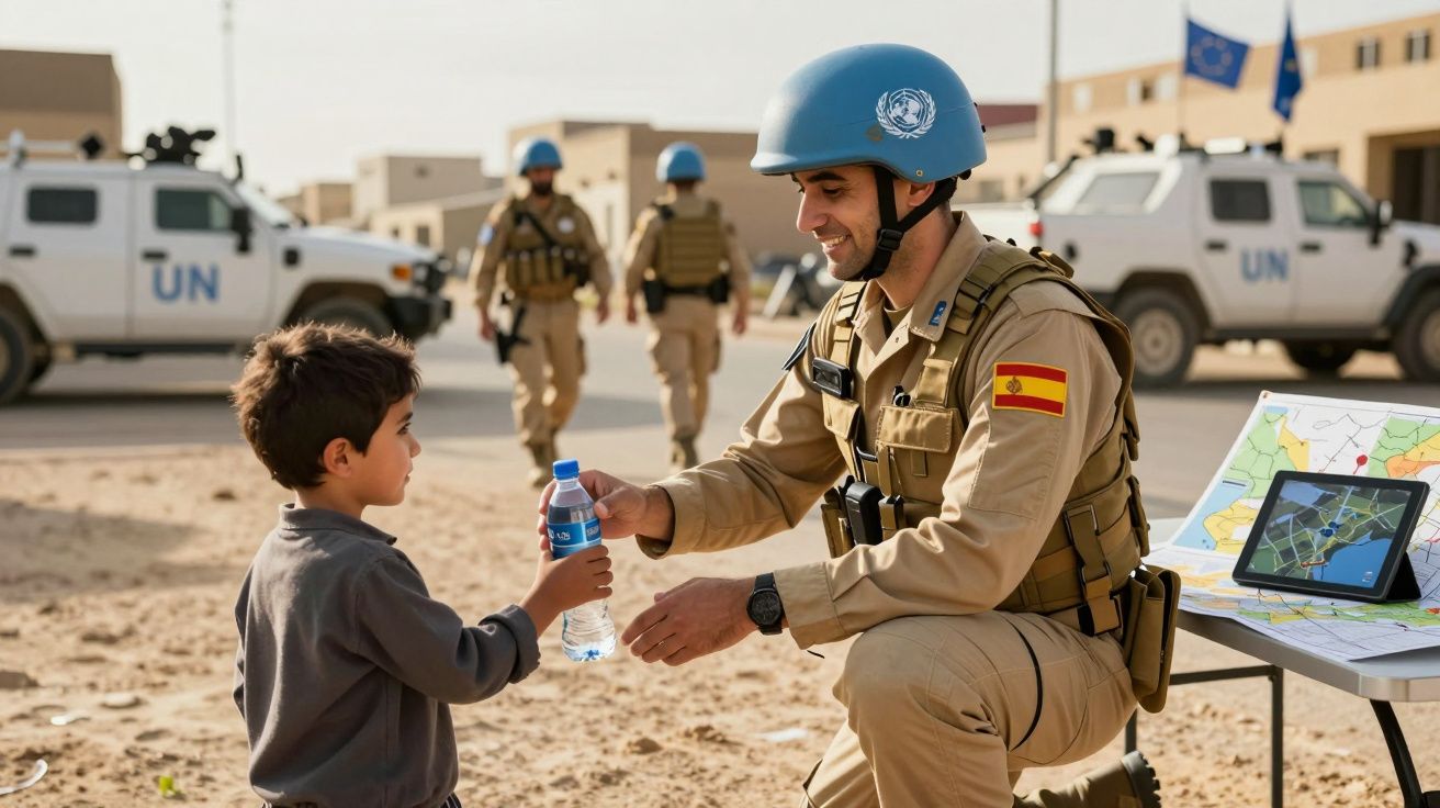 Soldado da ONU com capacete azul entrega água a criança em zona desértica, veículos da ONU ao fundo.