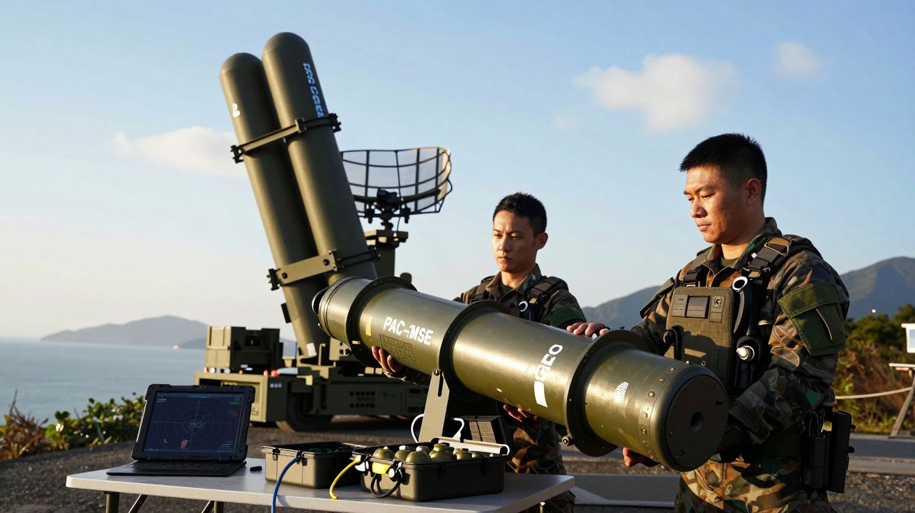 Dois militares operam equipamento de defesa antimísseis com mar e montanhas ao fundo.