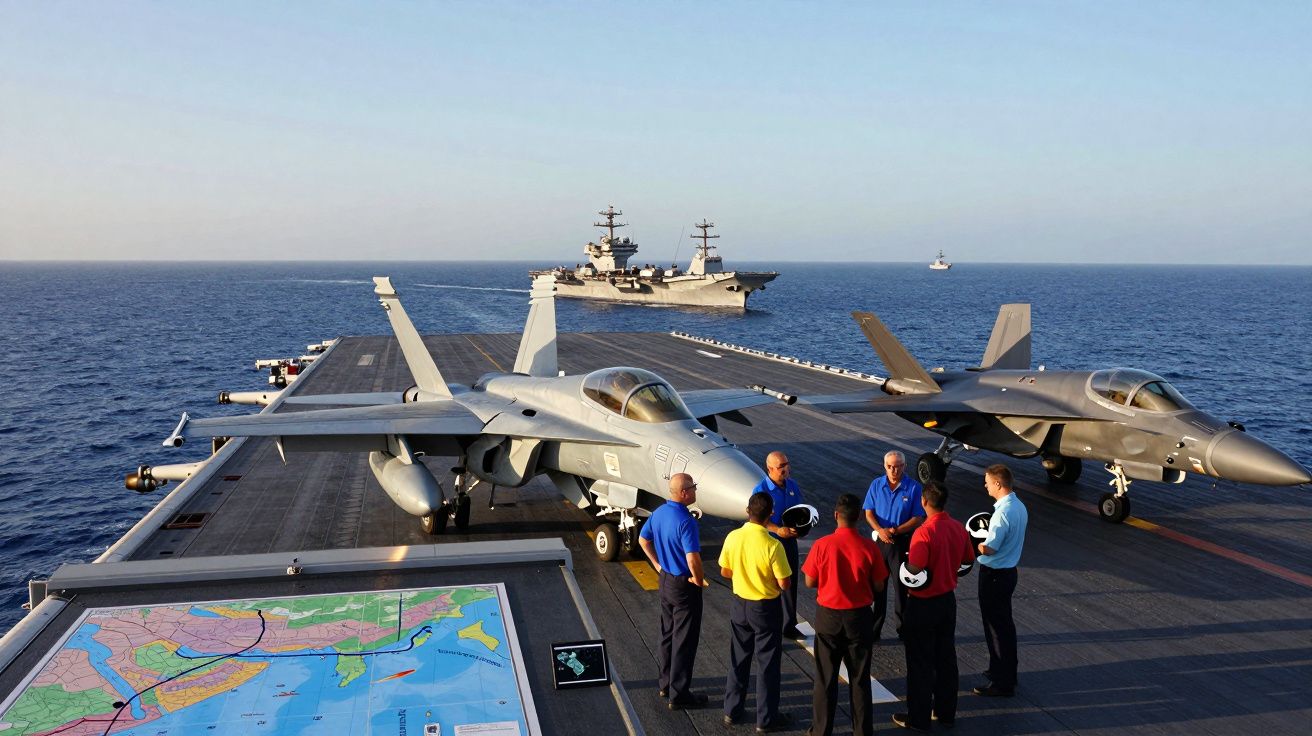 Pessoal militar em convés de porta-aviões com aviões de combate e mapa marítimo ao pôr do sol.