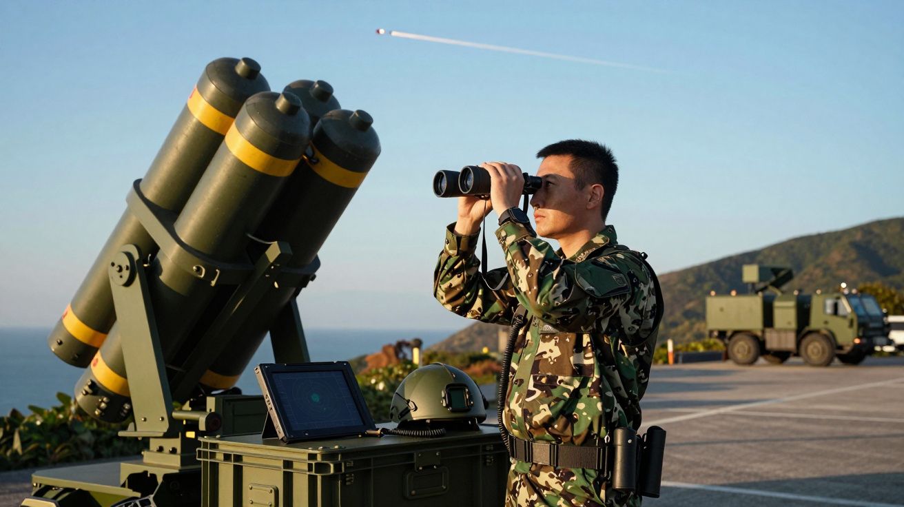 Soldado em farda camuflada observa com binóculos ao lado de equipamento militar e veículo em ambiente costeiro.