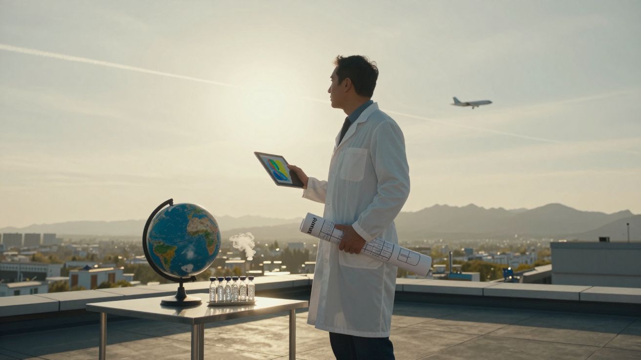 Homem de bata branca segurando tablet e planta, olhando para avião, com globo terrestre e frascos numa mesa ao ar livre.