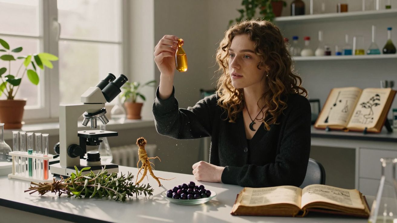 Mulher jovem a estudar botânica, segurando frasco com líquido amarelo junto a plantas, microscope e livro aberto.