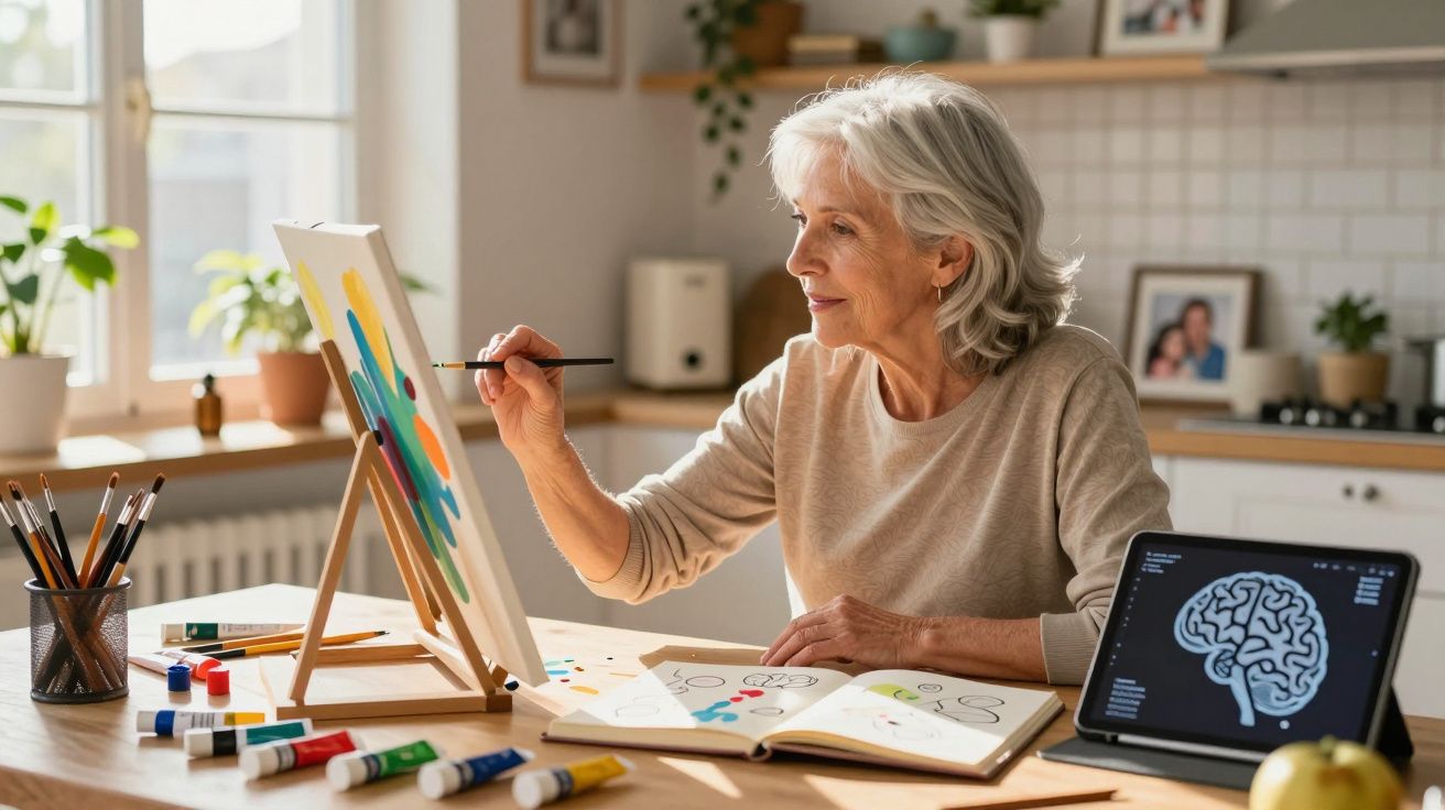 Mulher idosa a pintar numa tela com pincel, rodeada de materiais de arte e tablet com imagem de cérebro.
