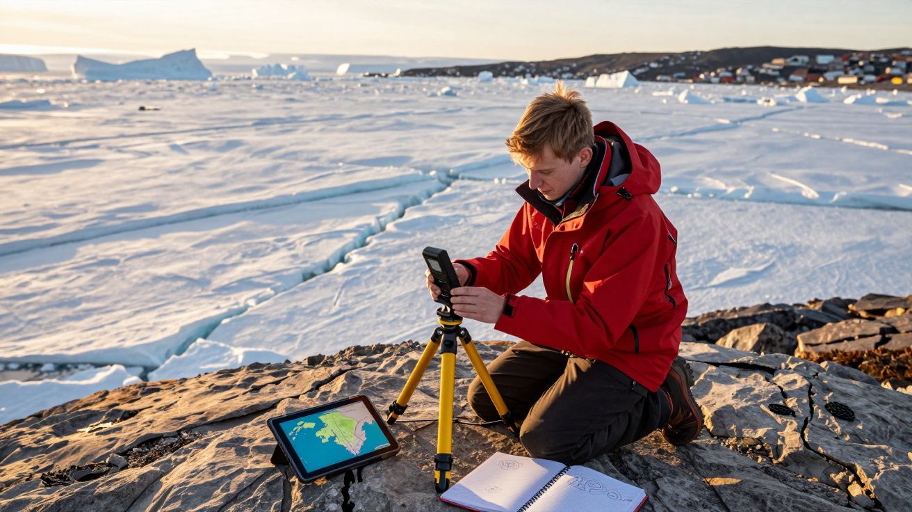 Homem com casaco vermelho ajusta equipamento de medição num tripé junto a mapas e caderno num terreno rochoso gelado.