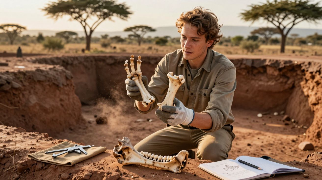 Homem escavando e analisando ossos numa área arqueológica ao ar livre com caderno e ferramentas.
