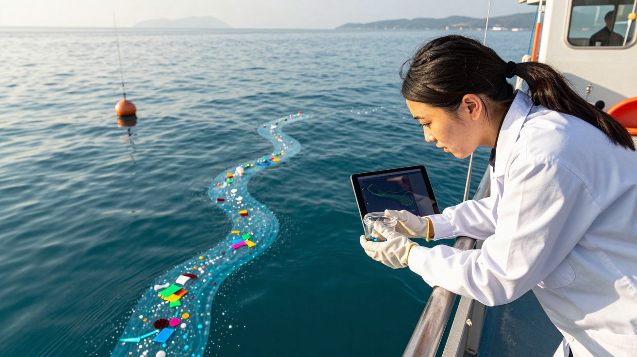 Cientista recolhe amostra de microplásticos no oceano a partir de um barco, com tablet a analisar dados.