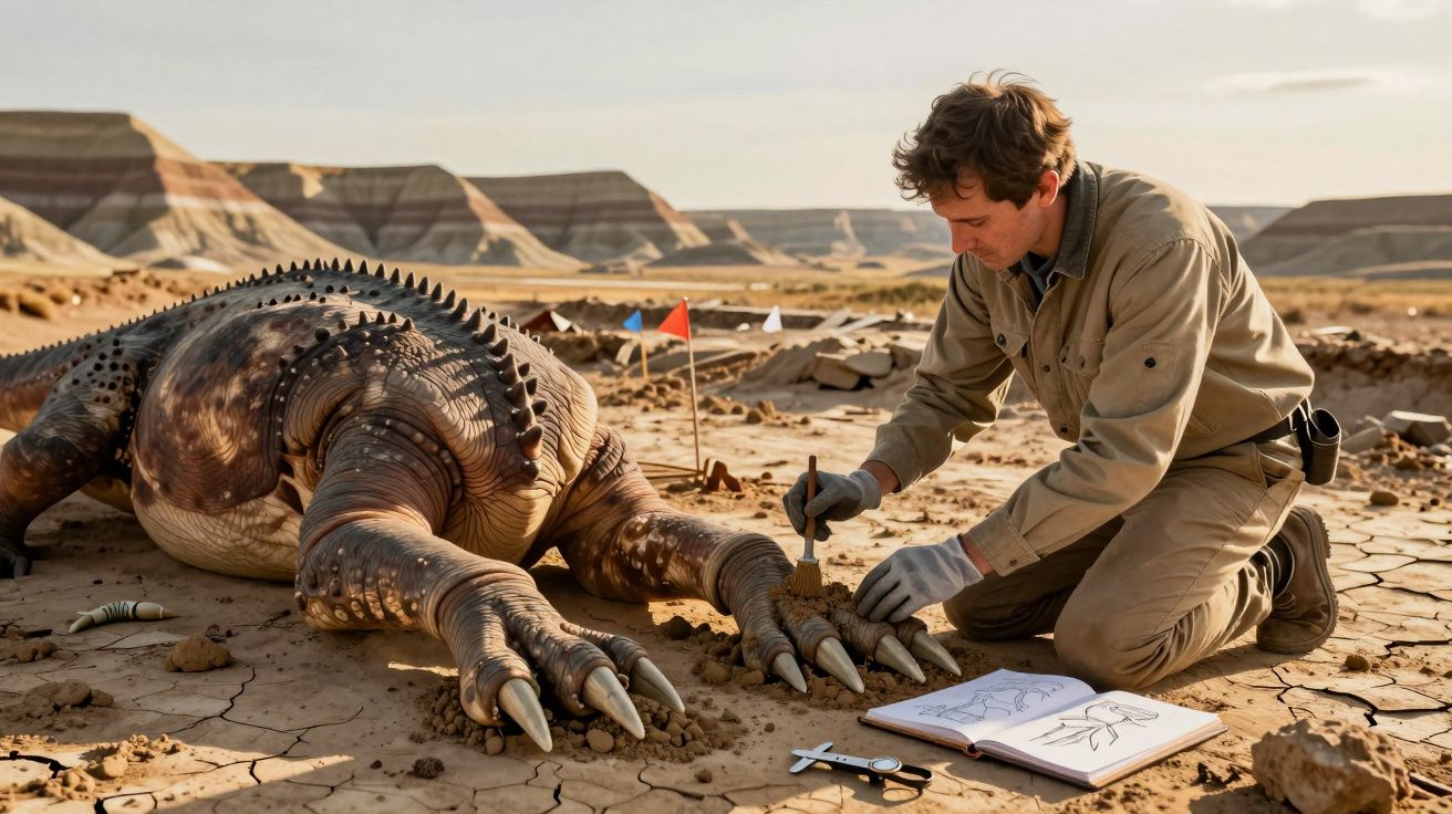 Homem numa paisagem árida a limpar a pata de um dinossauro com pincel, ao lado de um caderno de apontamentos.