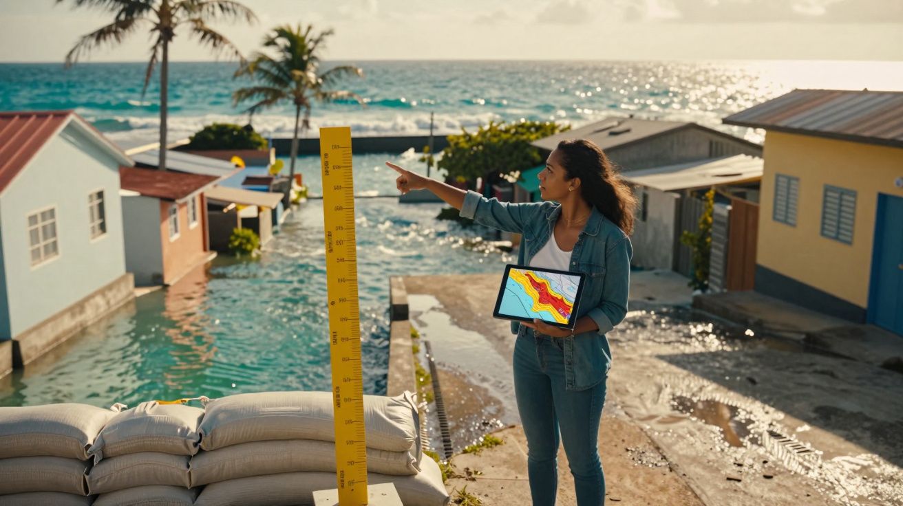 Mulher com tablet aponta para régua de medição junto a casas parcialmente inundadas perto do mar.