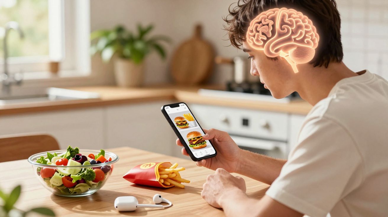 Homem numa cozinha a decidir entre hambúrguer e salada, com imagem digital do cérebro sobreposta na cabeça.
