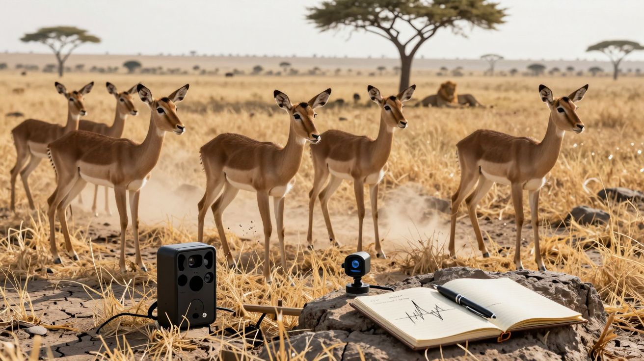 Grupo de gazelas numa savana africana com equipamento de monitorização e caderno de campo aberto na pedra.