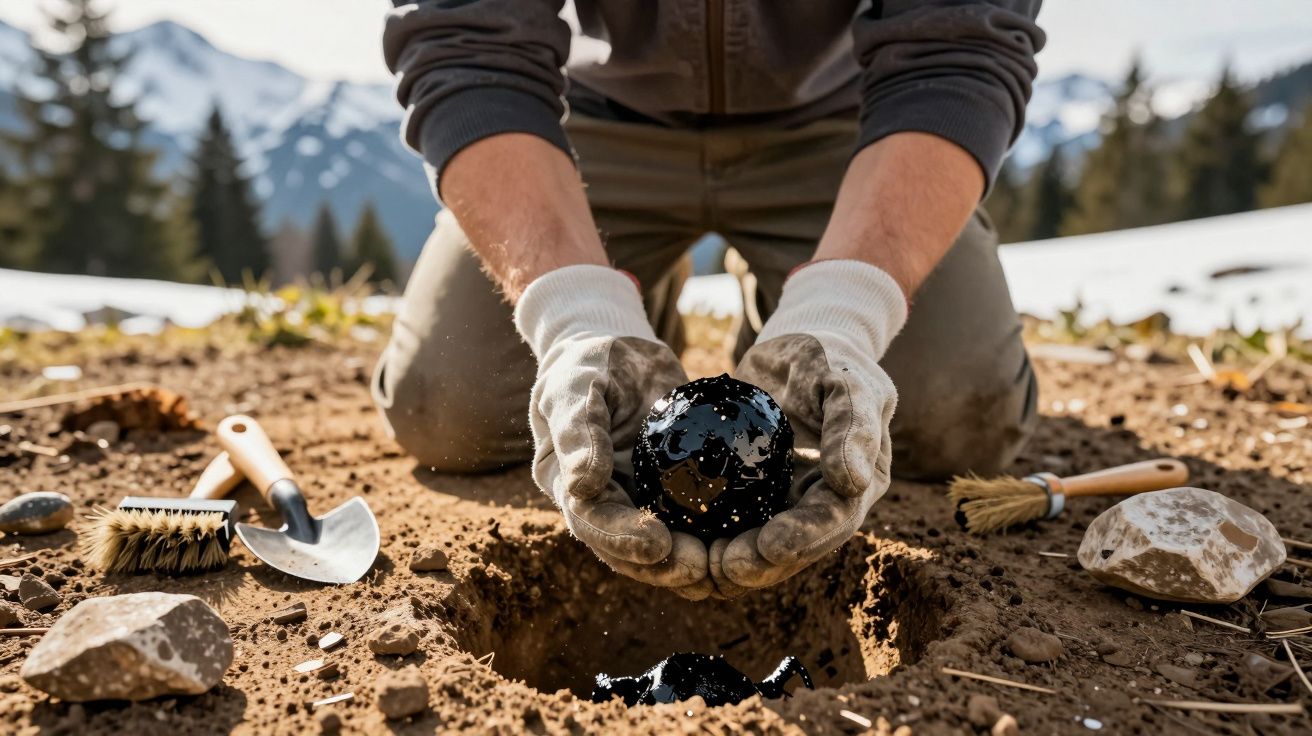 Pessoa com luvas a segurar uma bola de betume preto junto a uma cova no chão ao ar livre, com montanhas ao fundo.