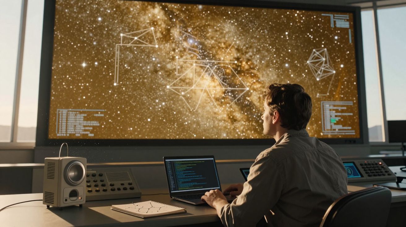 Homem a analisar constelações numa grande tela e a trabalhar num computador portátil.