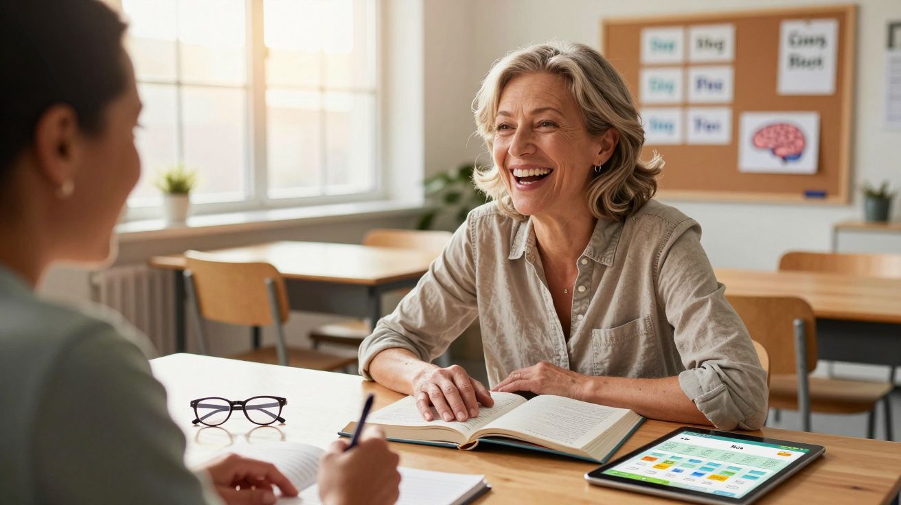 Duas mulheres numa sala de aula, com livros e um tablet, numa conversa descontraída e sorridente.