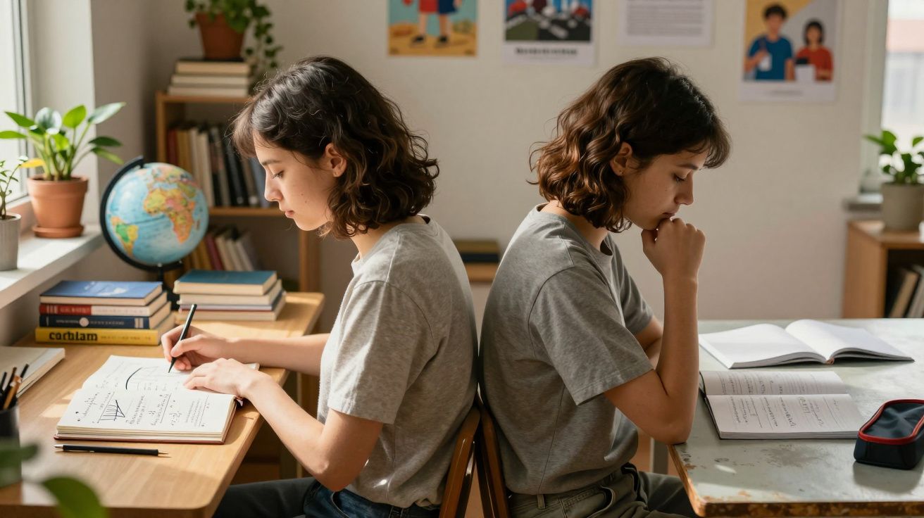 Dois jovens sentados costas com costas a estudar, rodeados de livros e material escolar.