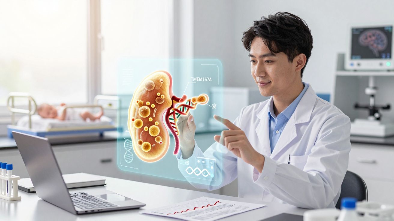 Cientista em laboratório a analisar holograma 3D de órgão com estruturas genéticas.