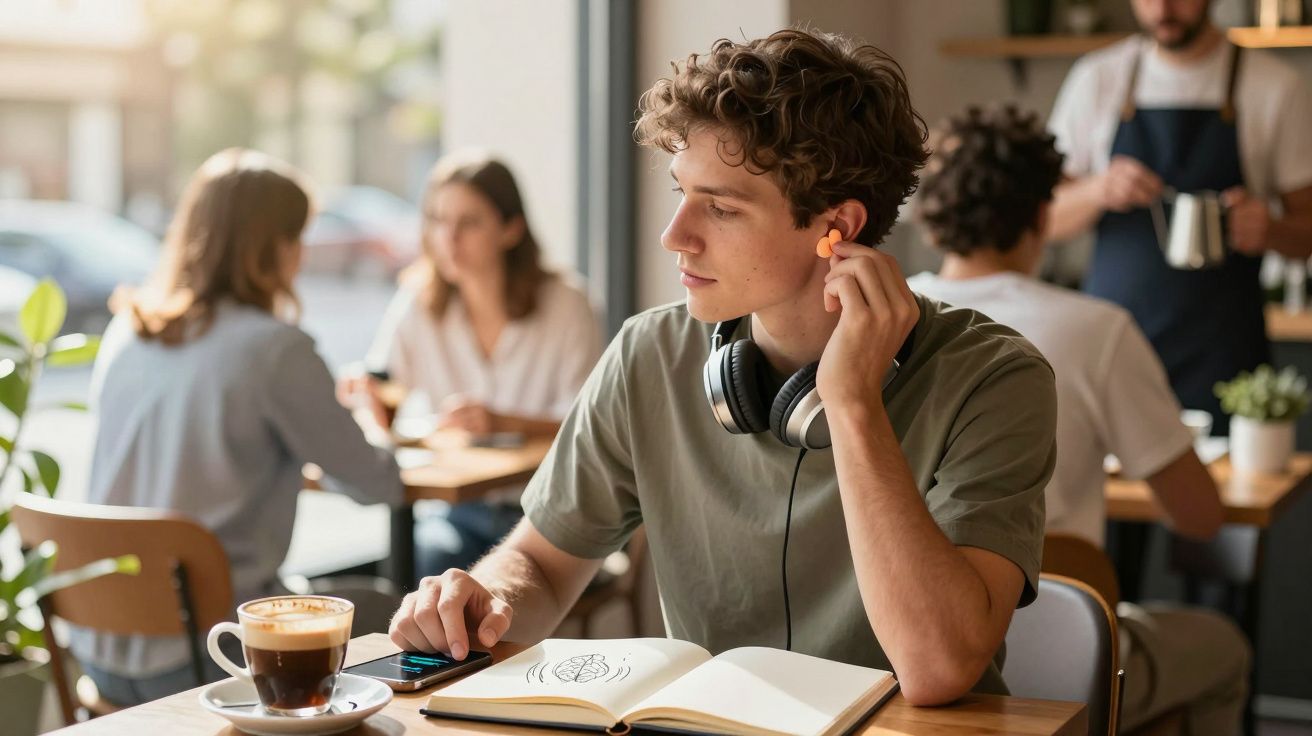 Jovem sentado numa cafetaria a colocar tampão nos ouvidos, com auscultadores no pescoço e caderno aberto à frente.