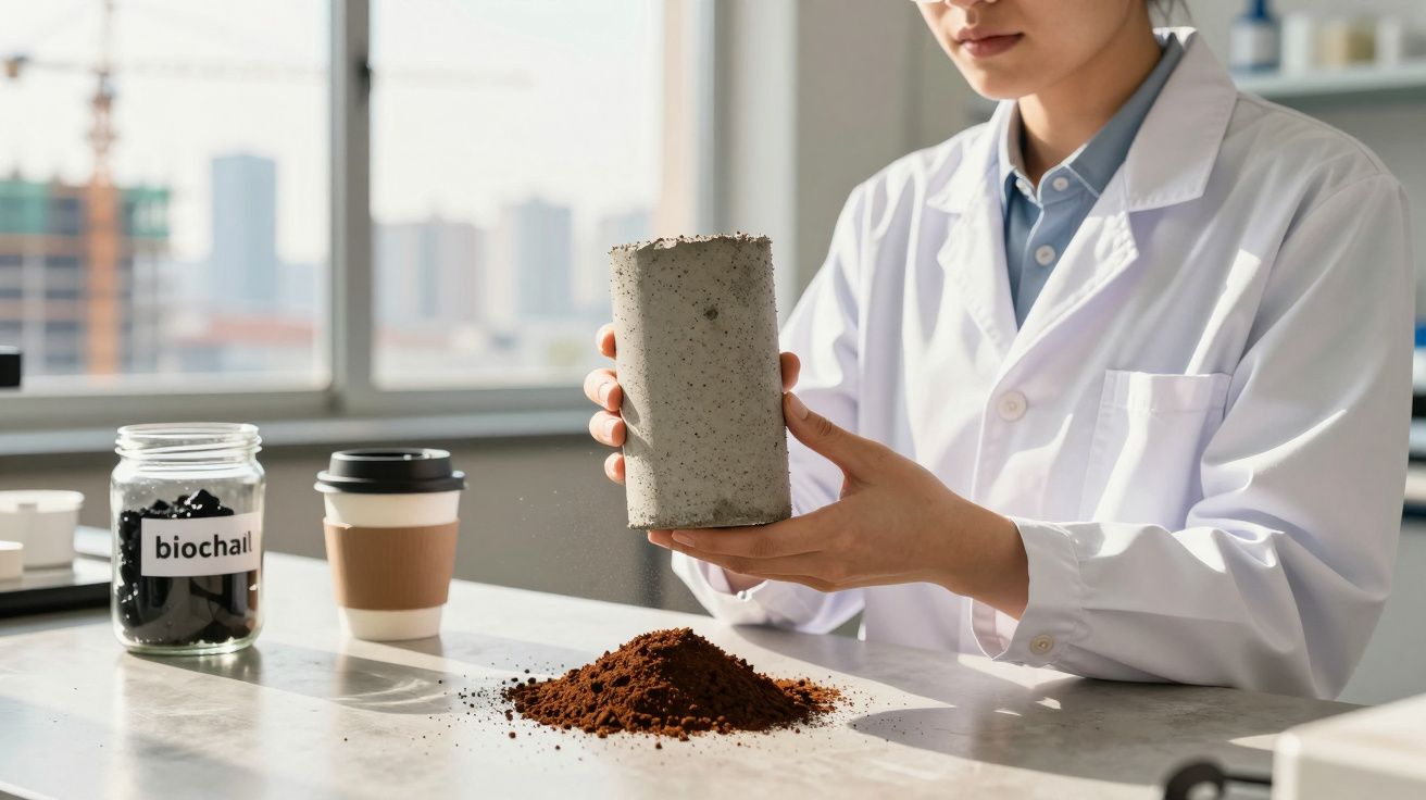 Pessoa com bata branca segurando bloco de cimento ao lado de frasco com biochar e montanha de terra.