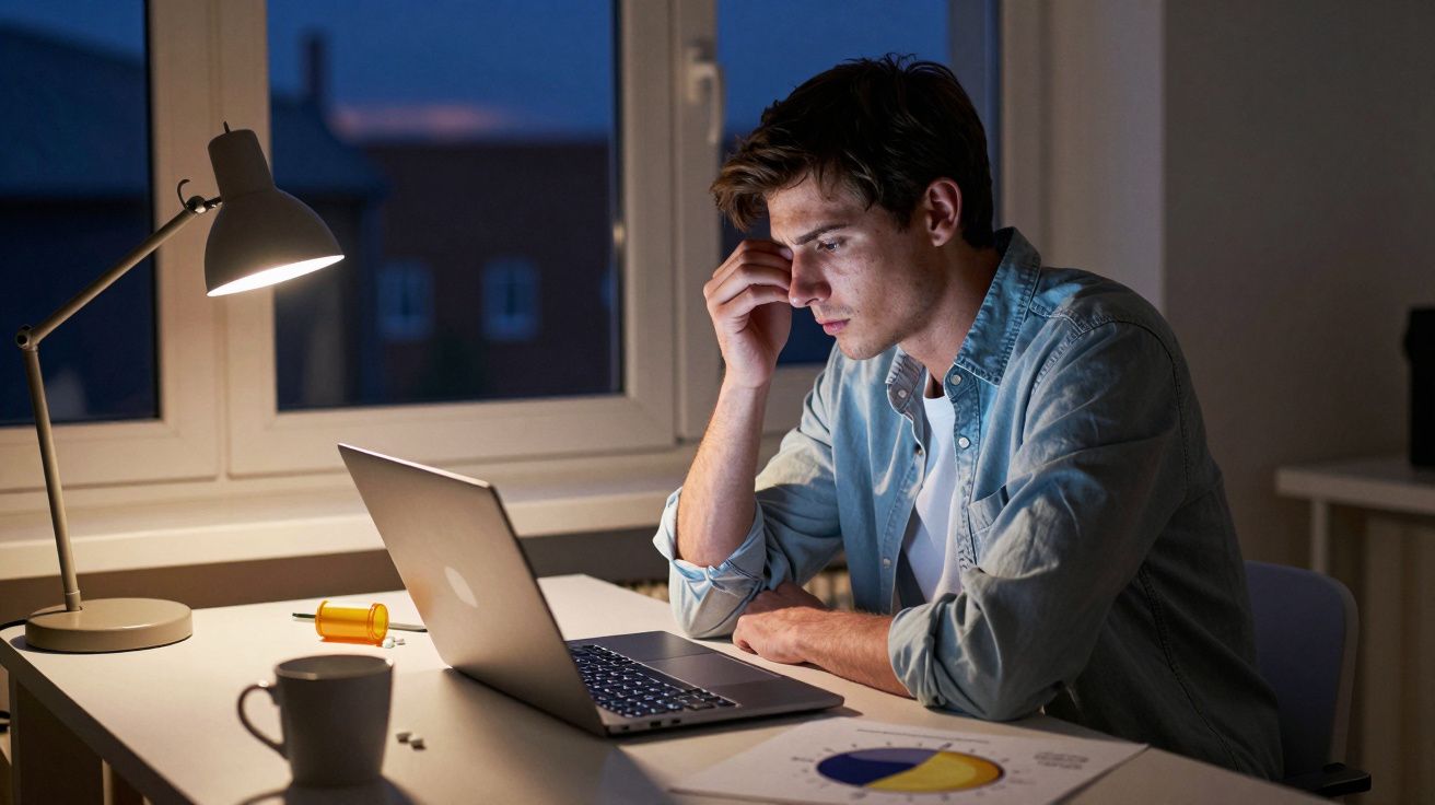 Jovem preocupado a trabalhar até tarde no computador, com documentos e medicamentos na secretária.