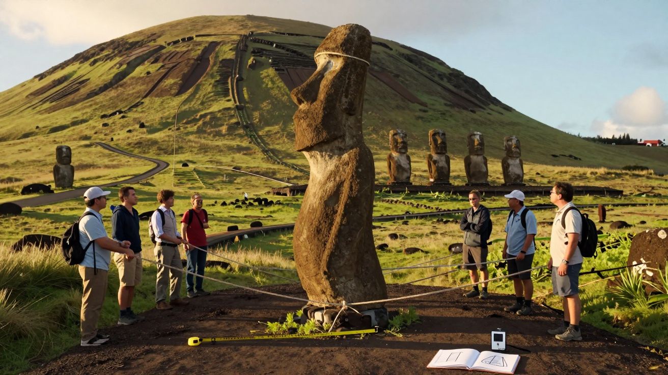Turistas rodeiam uma estátua Moai na Ilha de Páscoa com montanha verde ao fundo e céu azul.