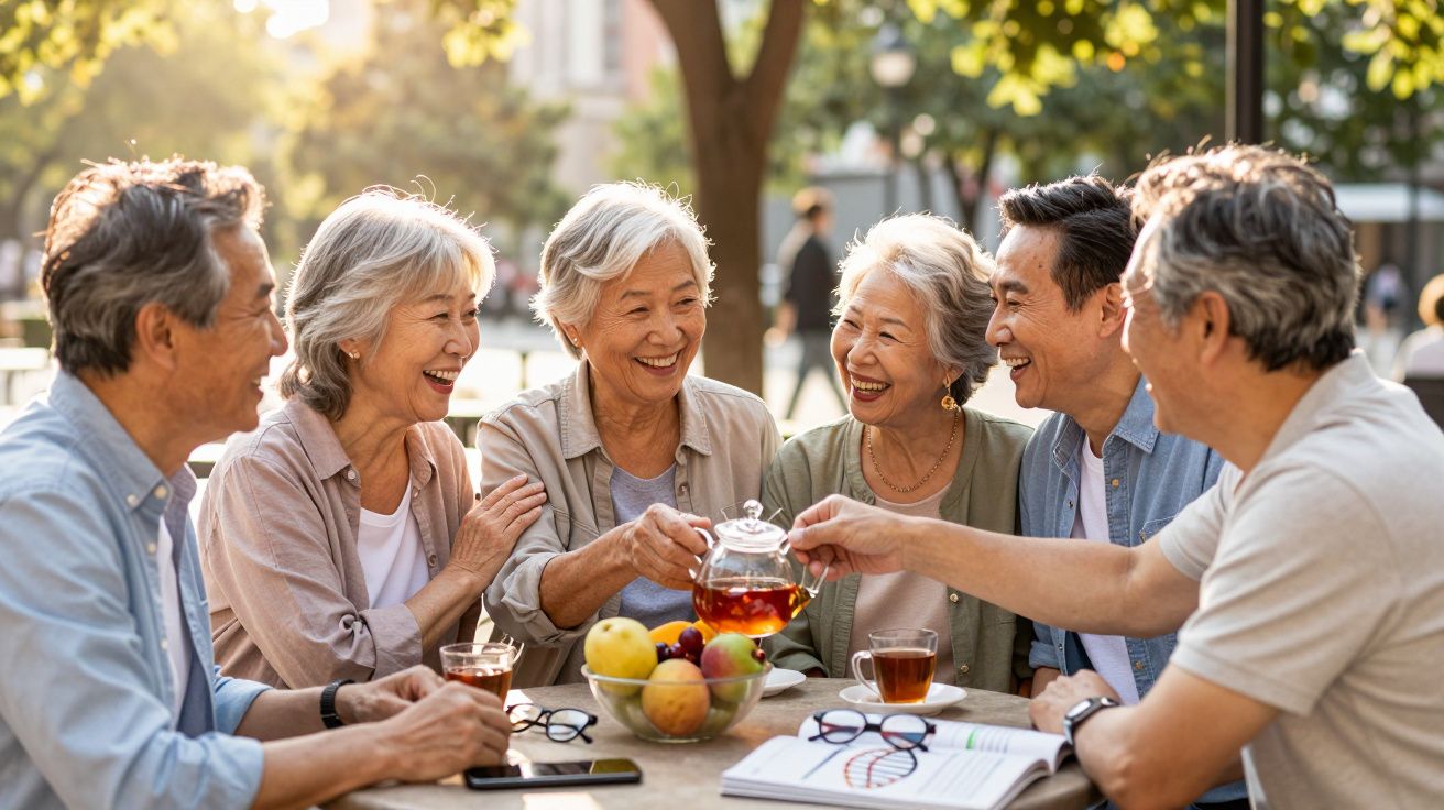 Grupo de idosos asiáticos a partilhar chá e a sorrir ao ar livre numa tarde ensolarada.