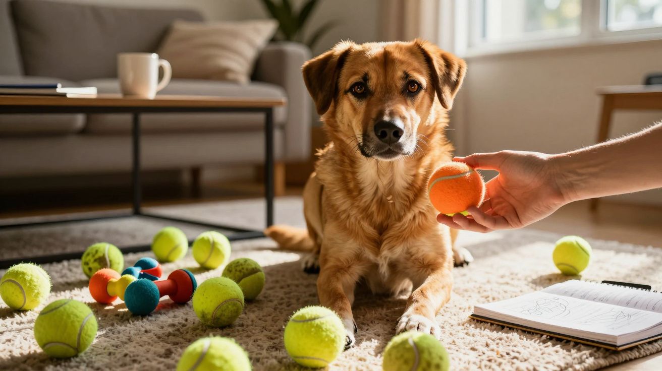 Cão sentado em tapete cercado de bolas coloridas enquanto uma mão lhe oferece uma bola laranja.