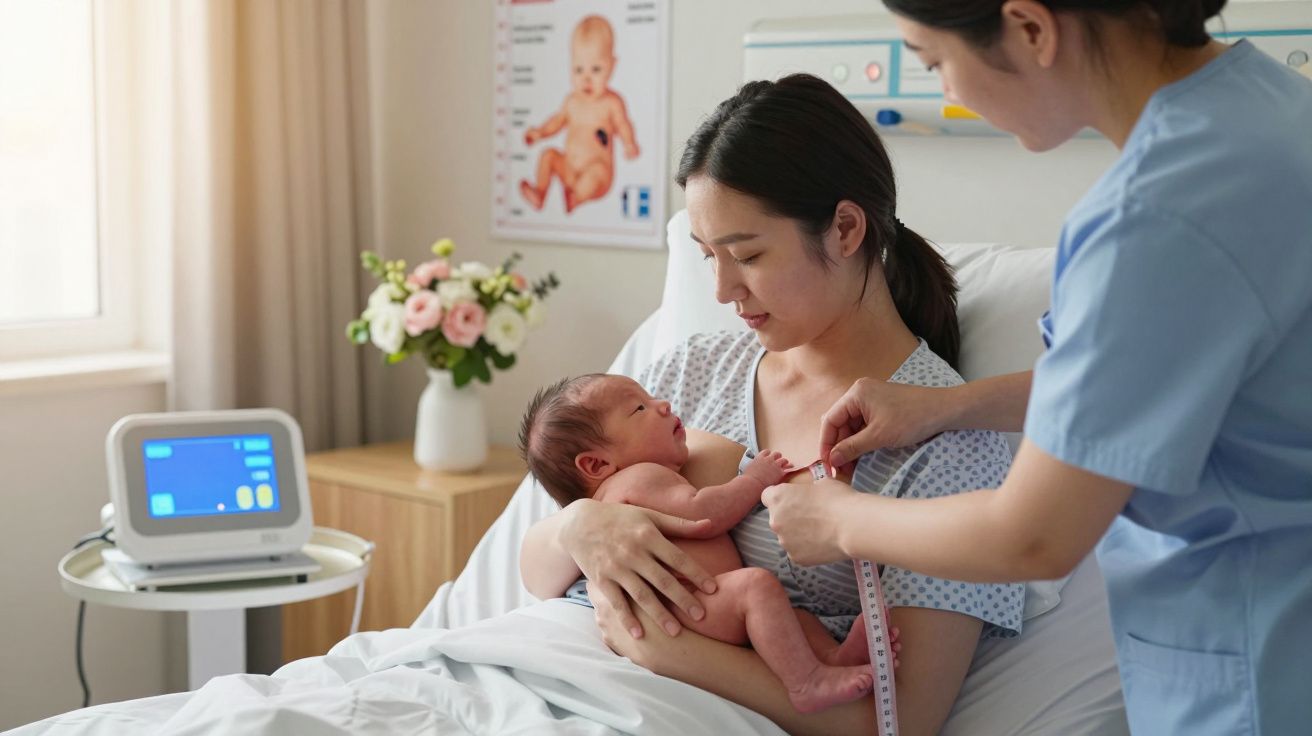 Enfermeira a medir o bebé recém-nascido nos braços da mãe, numa enfermaria hospitalar.
