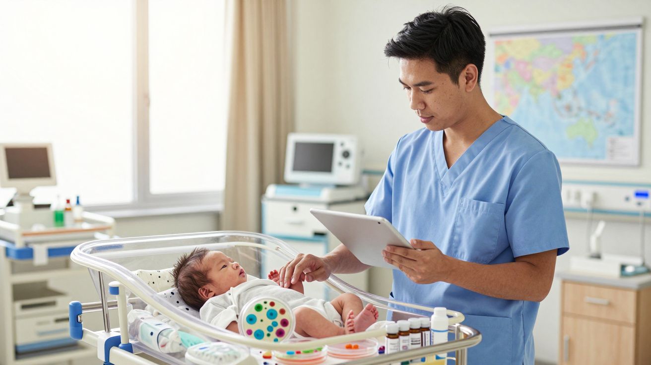 Enfermeiro em uniforme azul a examinar recém-nascido numa incubadora num hospital moderno.