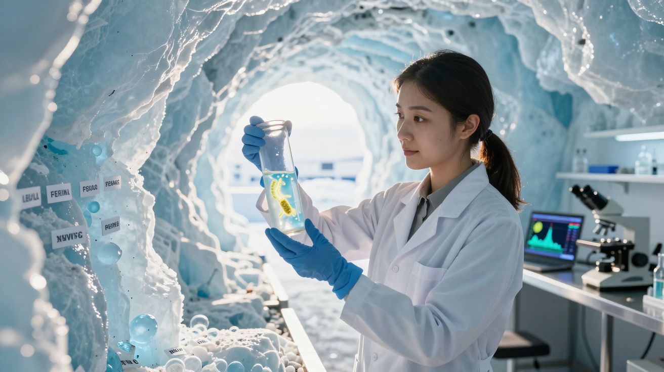 Cientista com bata e luvas azuis observa cultura de microrganismos em laboratório moderno e iluminado.