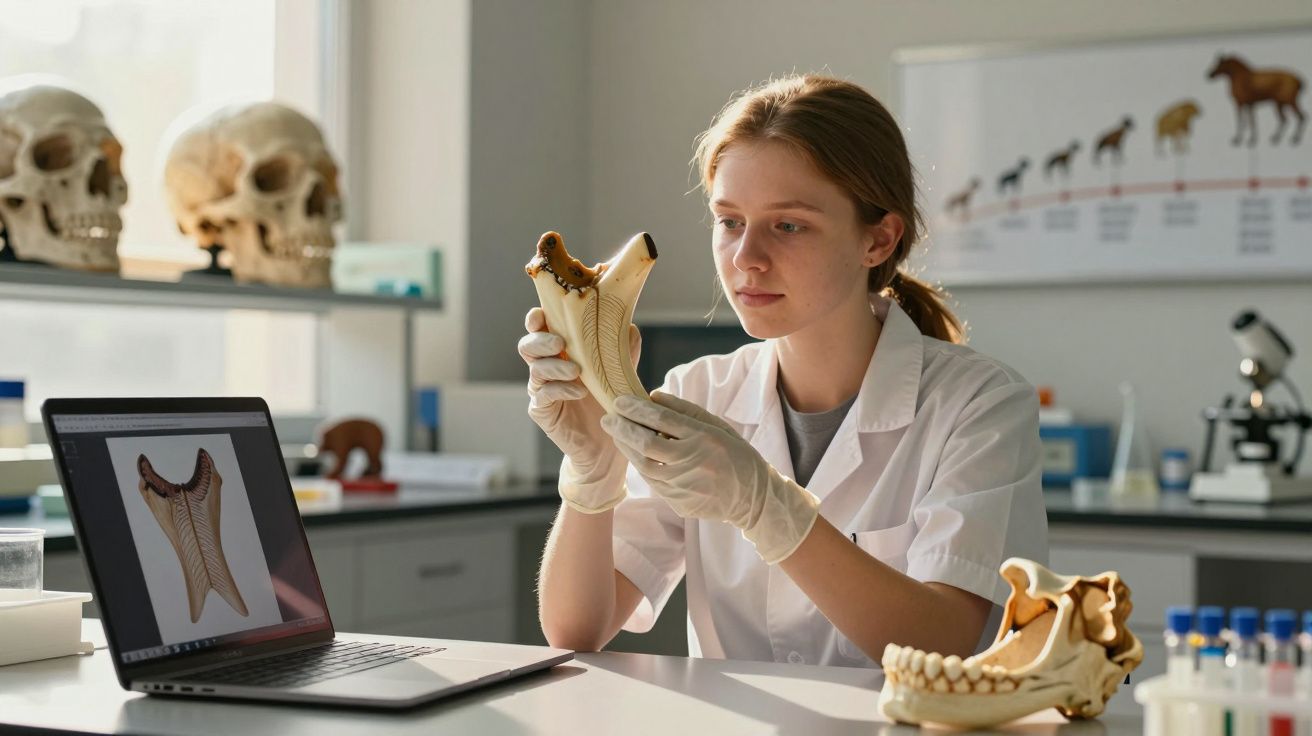 Jovem cientista analisa mandíbula animal num laboratório com crânios e computador ao fundo.