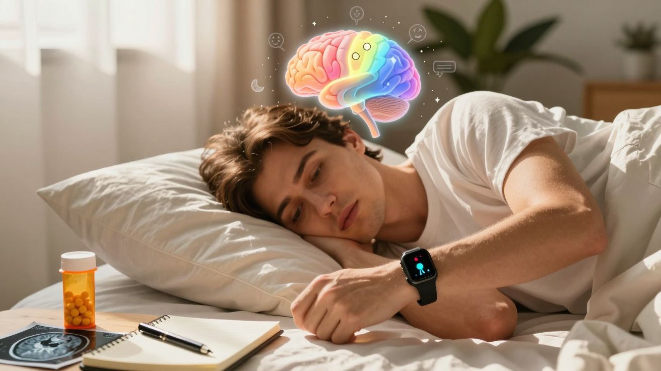 Homem deitado na cama com expressão pensativa, relógio inteligente e ilustração colorida do cérebro acima.