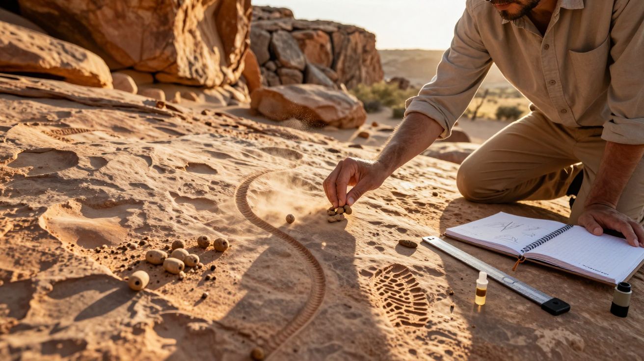 Homem sentado no deserto analisando pegadas e marcas na areia com caderno e ferramentas ao lado.
