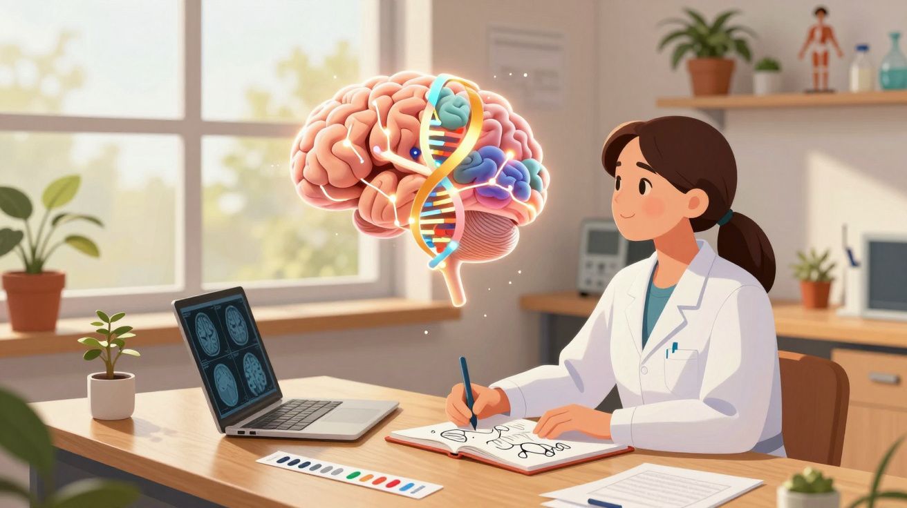 Cientista moderna a desenhar cérebro e ADN, com imagens cerebrais num portátil numa sala iluminada.