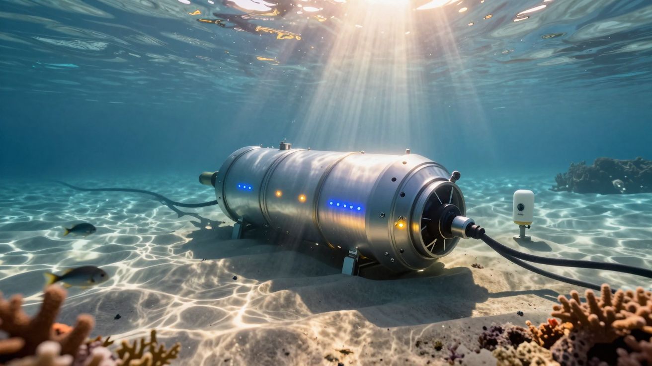 Veículo subaquático cylindrical metálico com luzes azuis e amarelas no fundo do mar iluminado pelo sol.