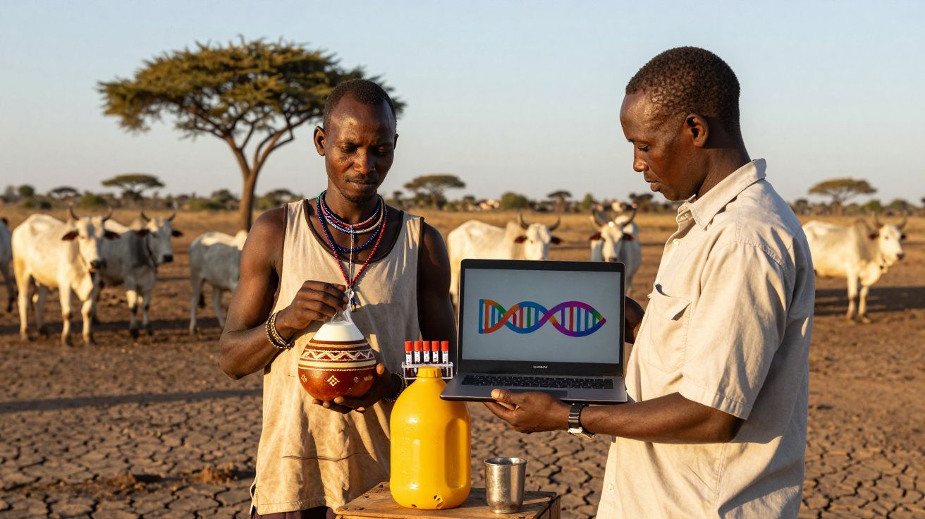 Dois homens em zona rural com vacas ao fundo; um segura laptop com imagem de DNA, outro um recipiente tradicional.