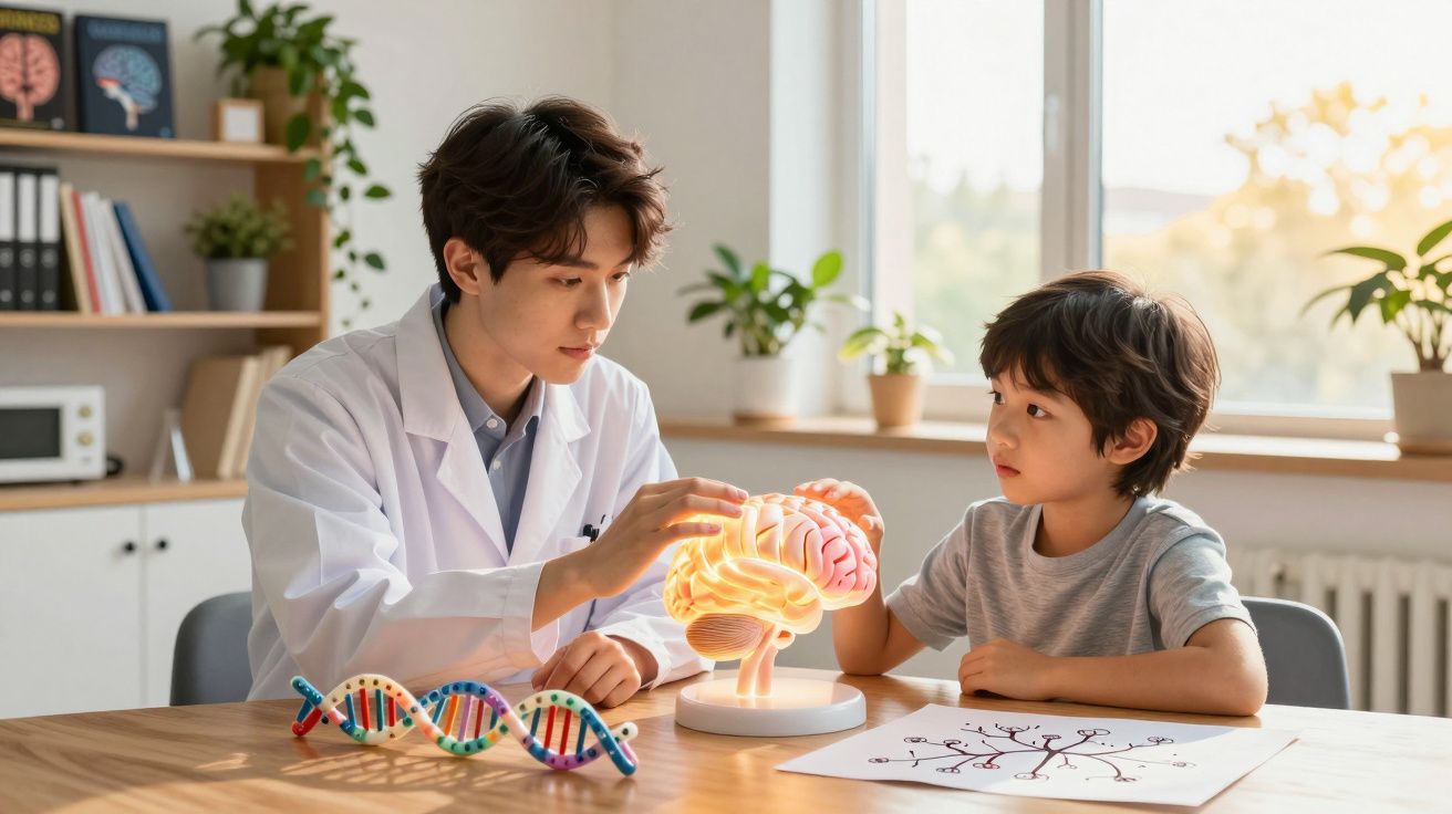 Médico explica estrutura do cérebro ao menino usando modelo iluminado em consultório iluminado.