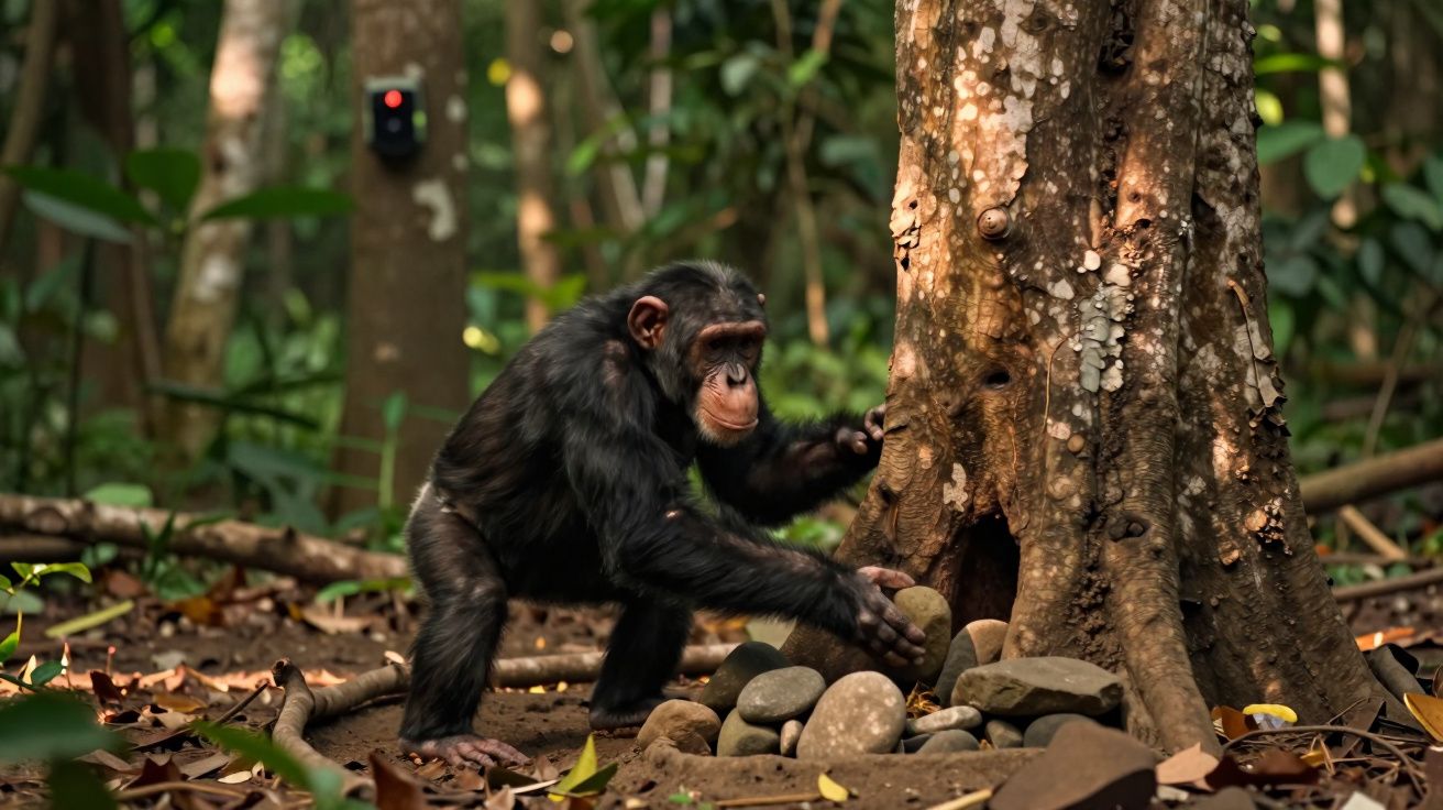 Chimpanzé a apanhar pedras junto a uma árvore num ambiente de floresta densa e húmida.