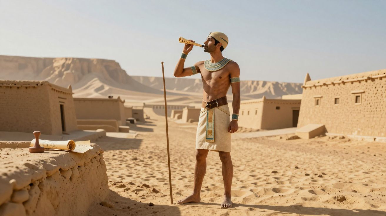 Homem vestido de faraó antigo a tocar flauta numa vila desértica de adobe, com papiro sobre muro.